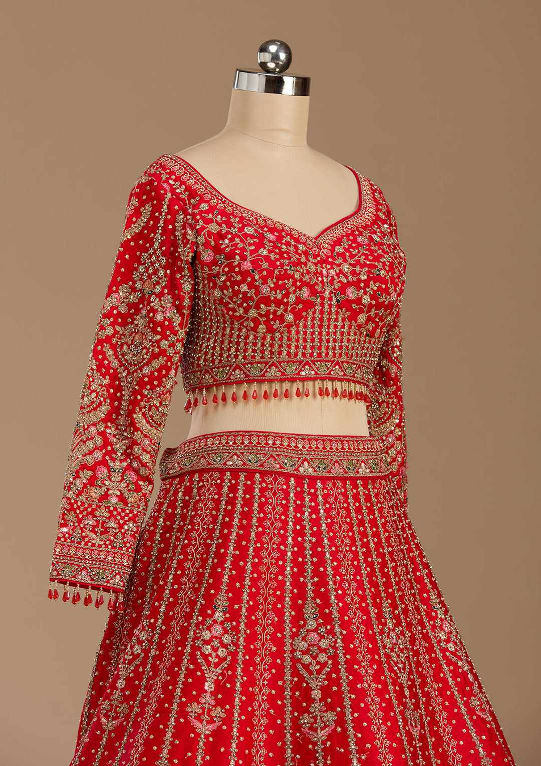 Red Stonework (Gold) Raw Silk Readymade Lehenga