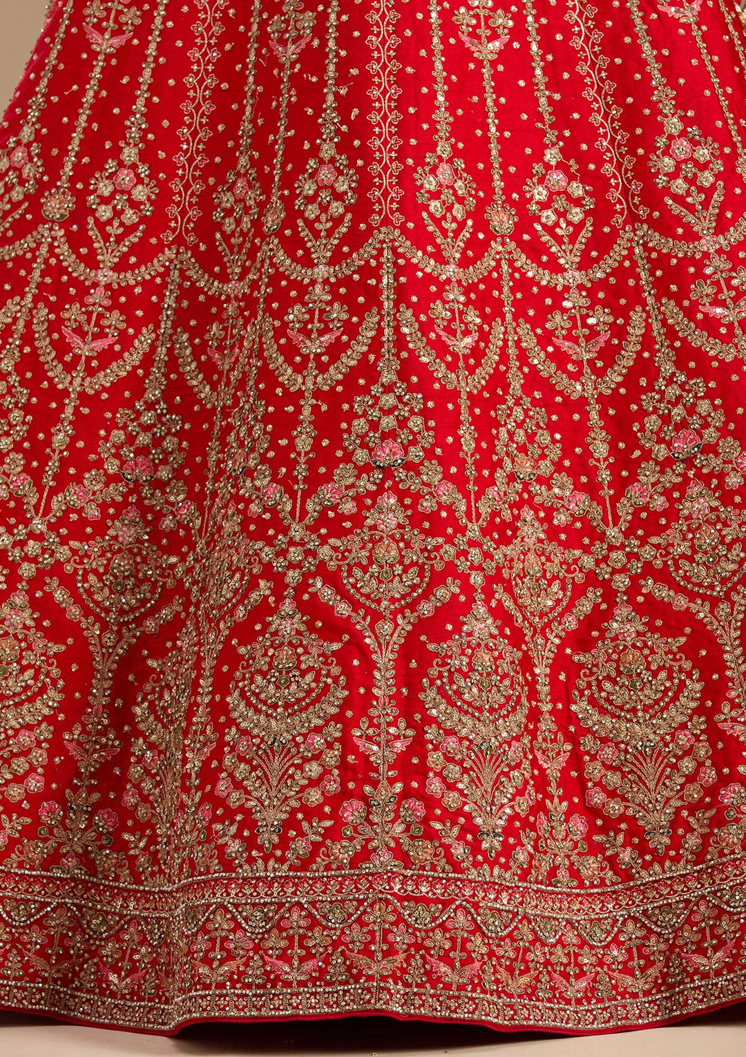 Red Stonework (Gold) Raw Silk Readymade Lehenga