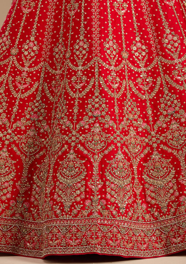 Red Stonework (Gold) Raw Silk Readymade Lehenga