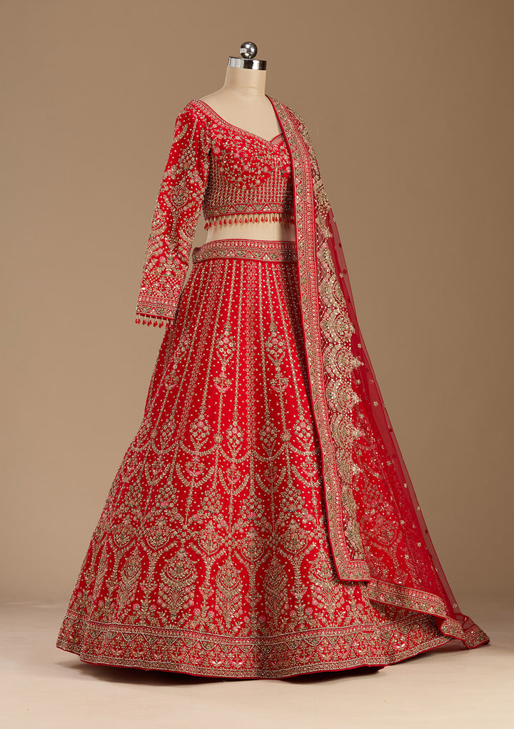 Red Stonework (Gold) Raw Silk Readymade Lehenga