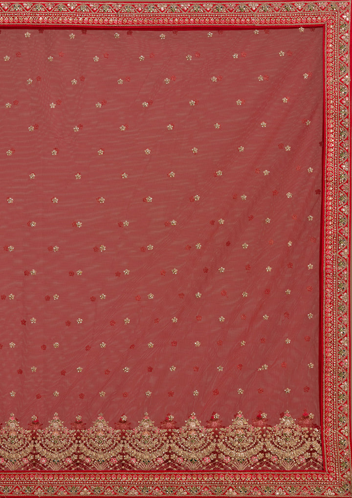 Red Stonework (Gold) Raw Silk Readymade Lehenga