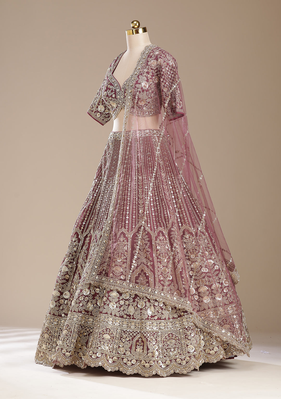 Onion Pink Sequins Net Readymade Lehenga