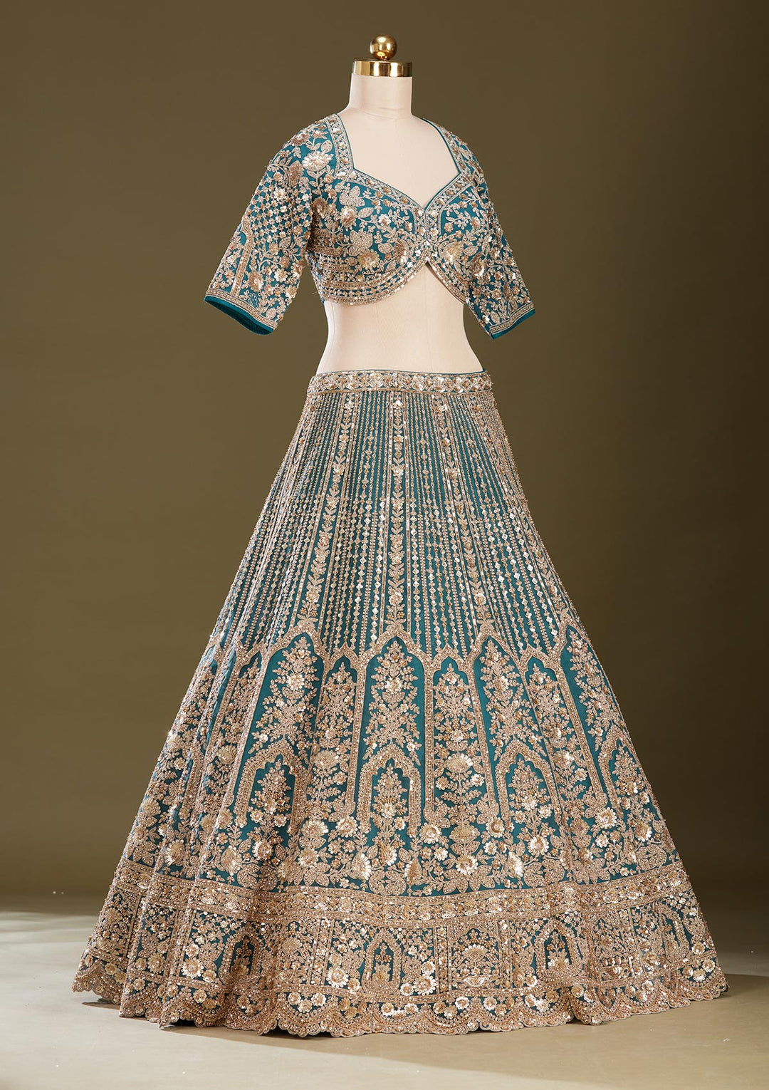 Peacock Blue Sequins Net Readymade Lehenga