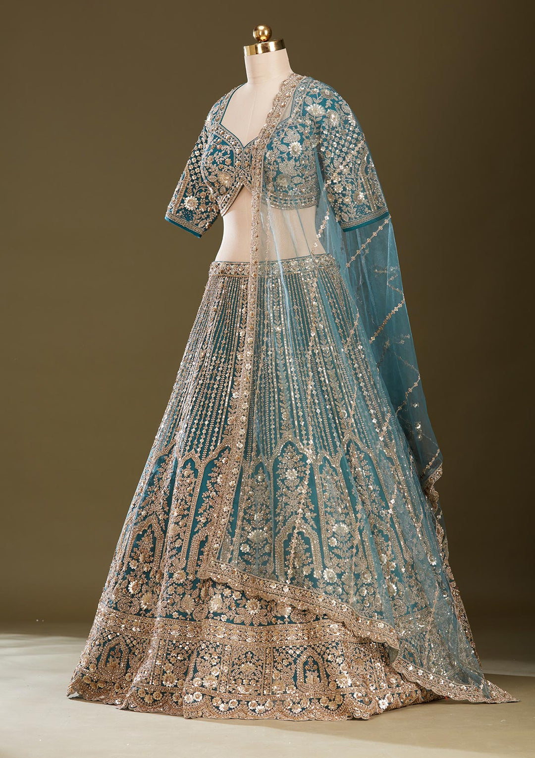 Peacock Blue Sequins Net Readymade Lehenga