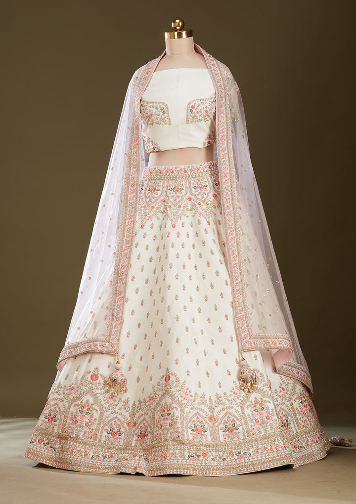 Cream Zardozi (Gold) Raw Silk Readymade Lehenga