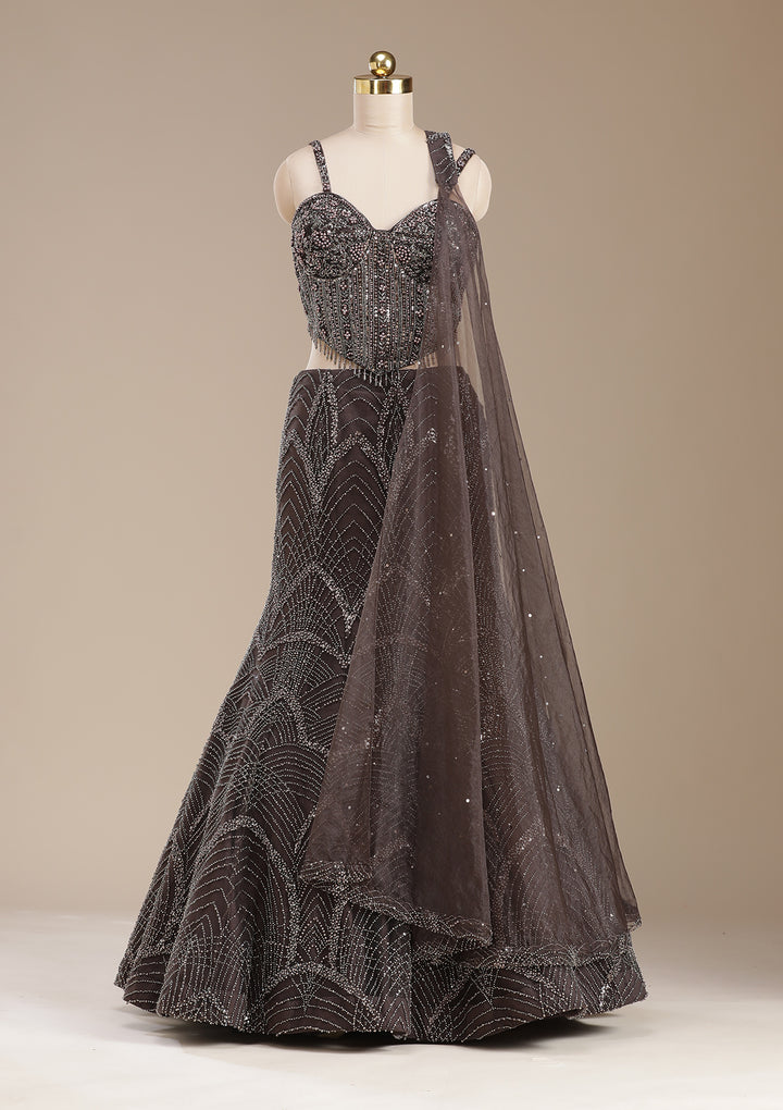 Brown Cutdana Net Readymade Lehenga