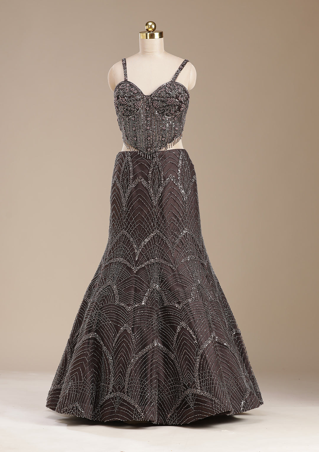 Brown Cutdana Net Readymade Lehenga