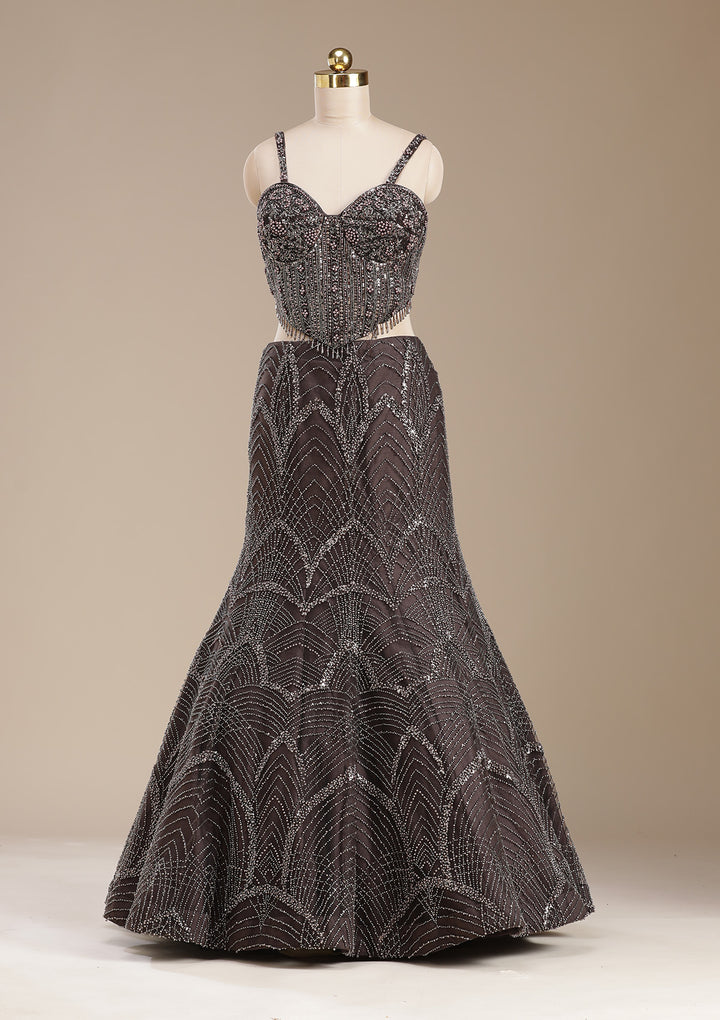 Brown Cutdana Net Readymade Lehenga