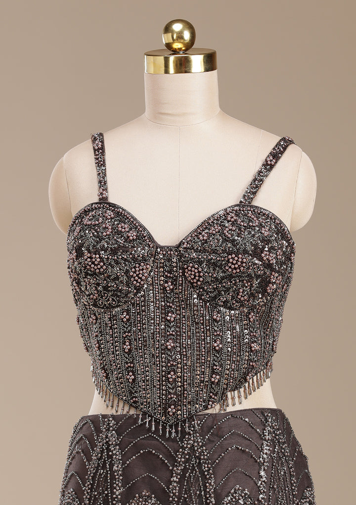 Brown Cutdana Net Readymade Lehenga