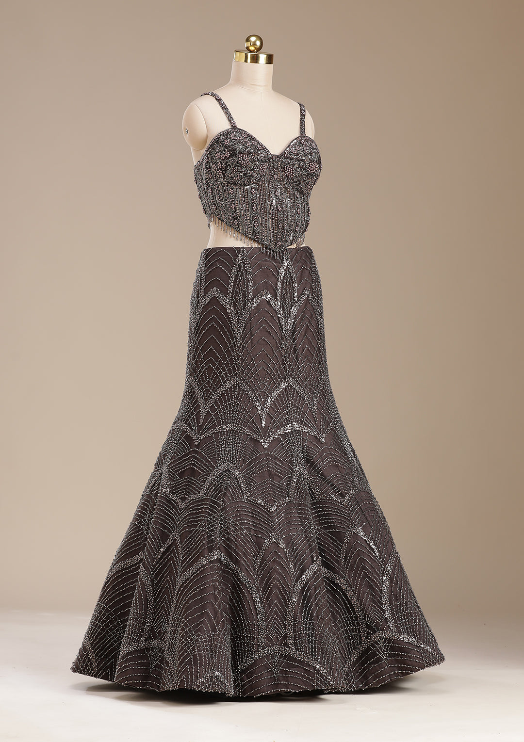 Brown Cutdana Net Readymade Lehenga