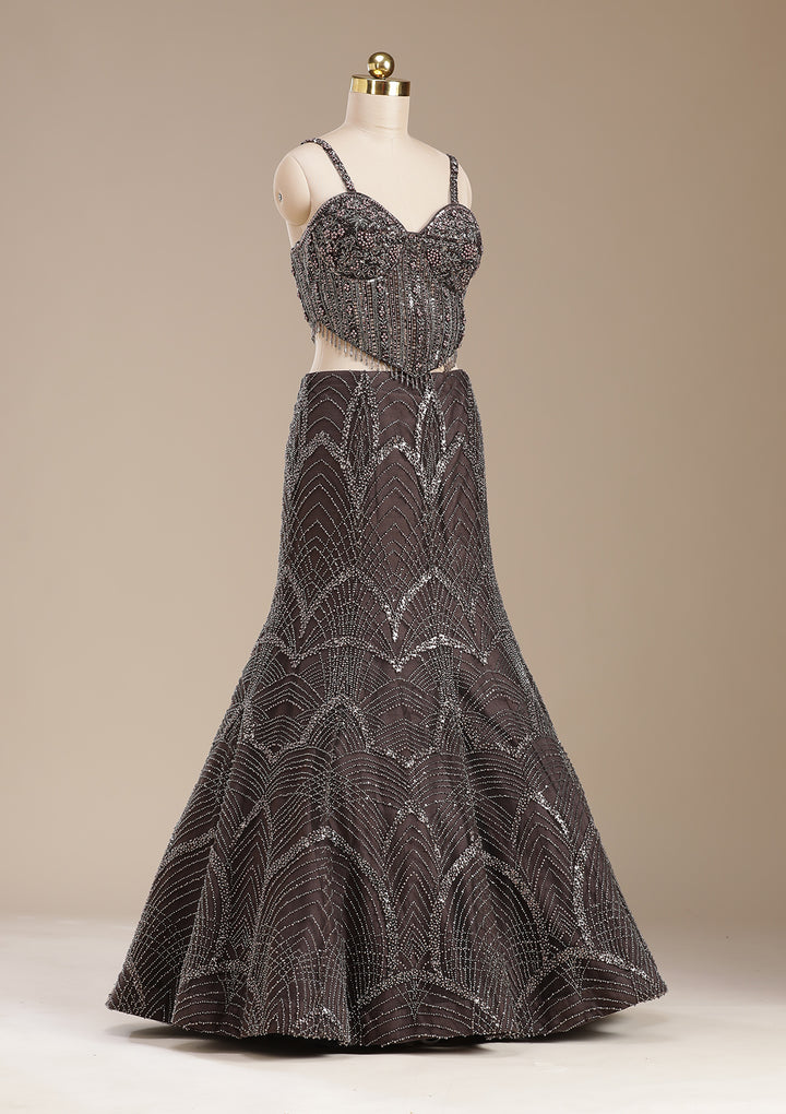 Brown Cutdana Net Readymade Lehenga