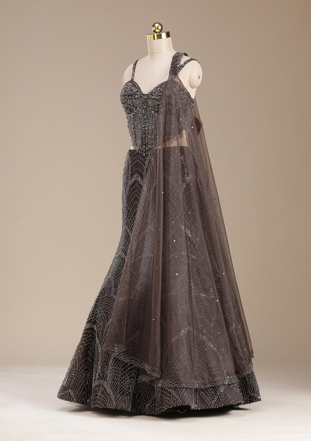 Brown Cutdana Net Readymade Lehenga