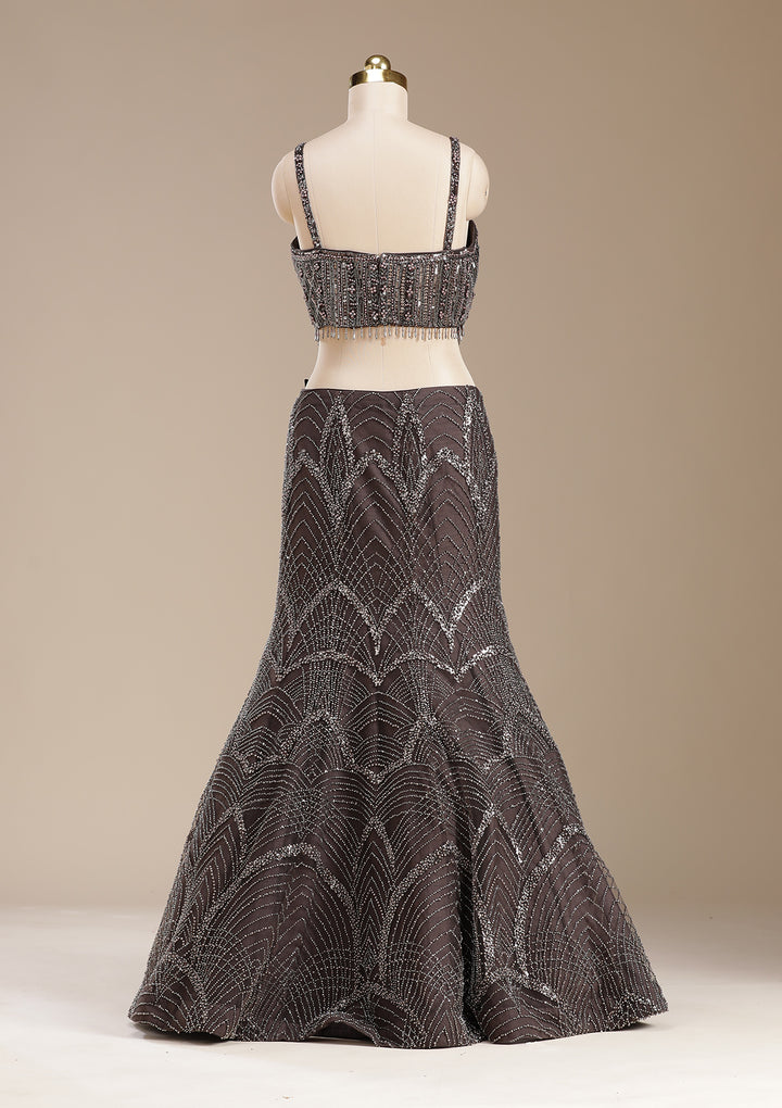 Brown Cutdana Net Readymade Lehenga