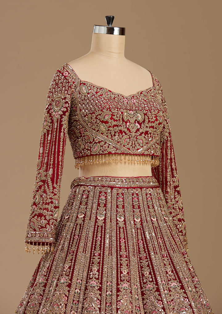 Maroon Sequins Net Readymade Lehenga