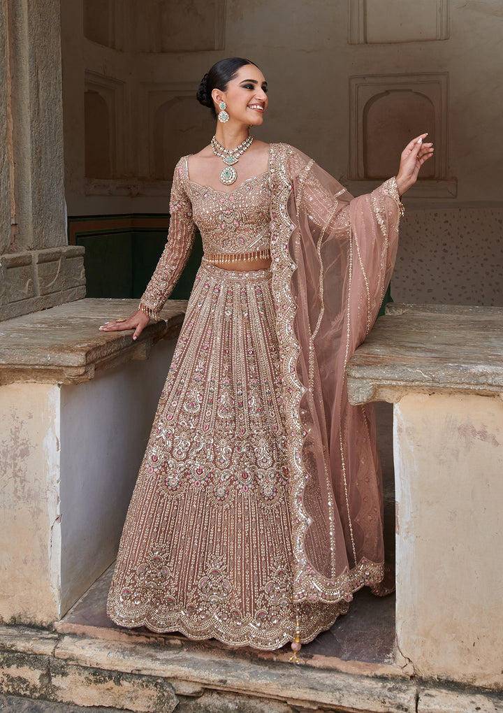 Peach Sequins Net Readymade Lehenga