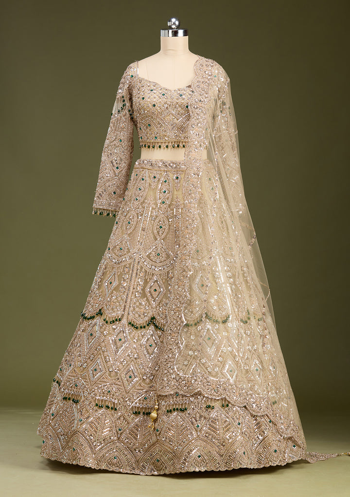 Beige Sequins Net Readymade Lehenga