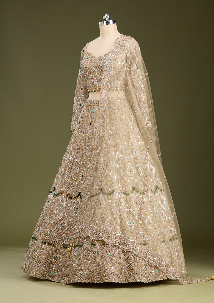 Beige Sequins Net Readymade Lehenga