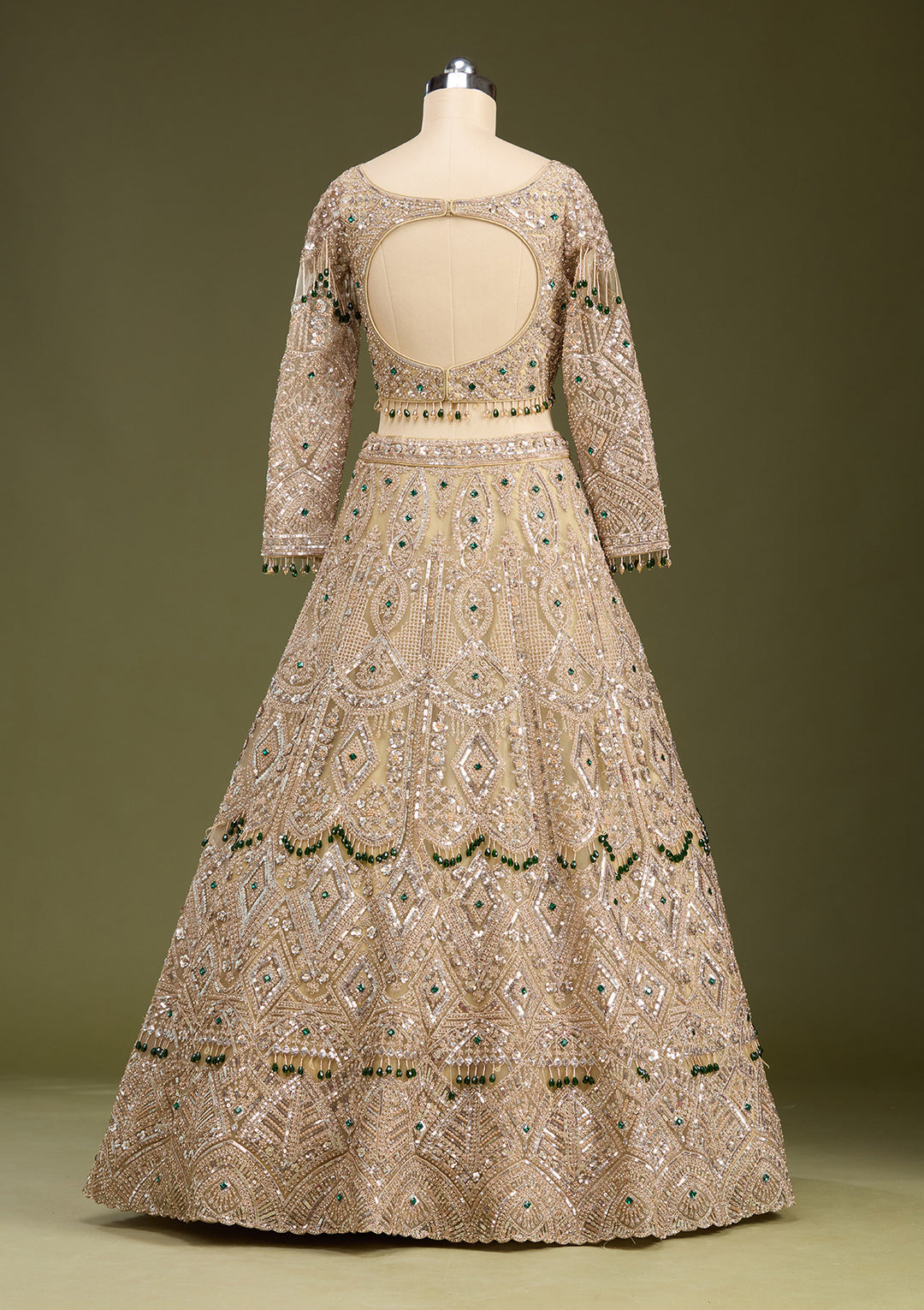 Beige Sequins Net Readymade Lehenga
