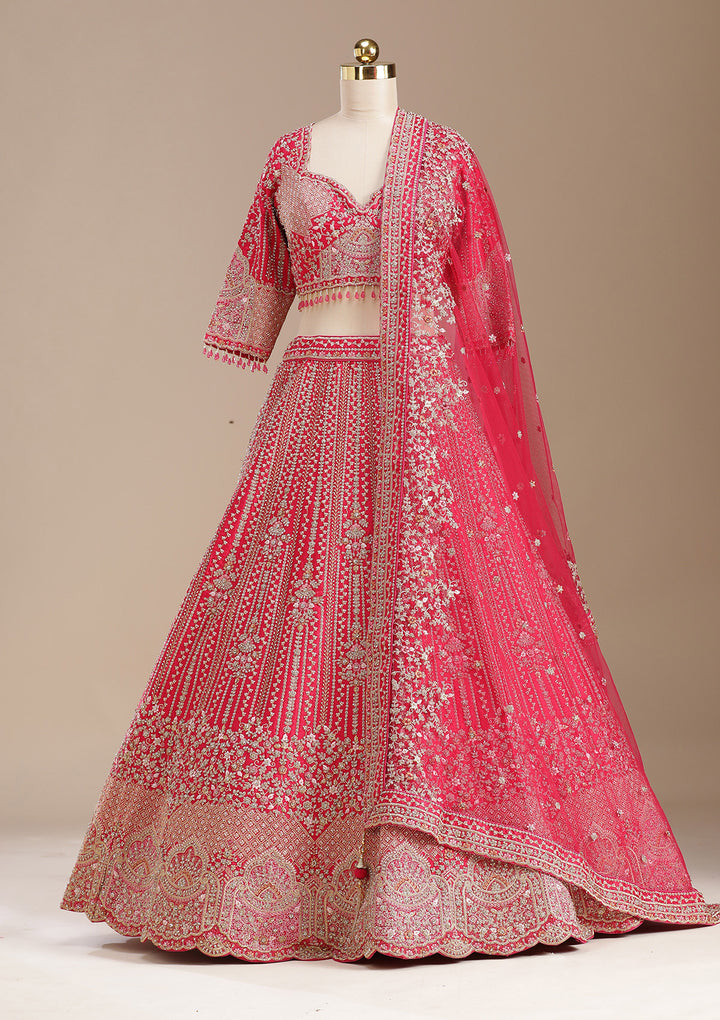 Rani Pink Cording Raw Silk Semi-Stitched Lehenga