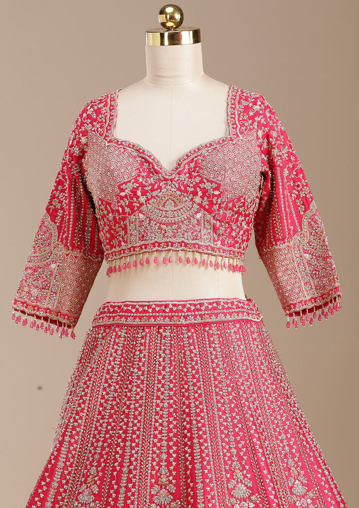 Rani Pink Cording Raw Silk Semi-Stitched Lehenga