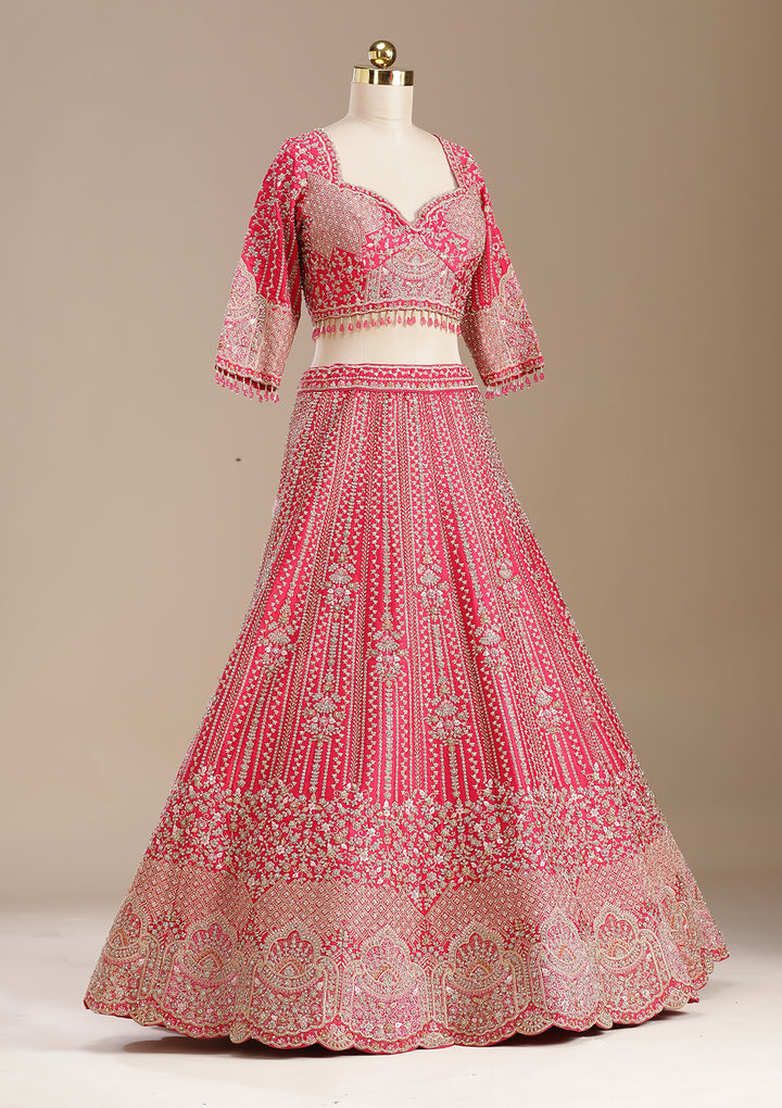 Rani Pink Cording Raw Silk Semi-Stitched Lehenga