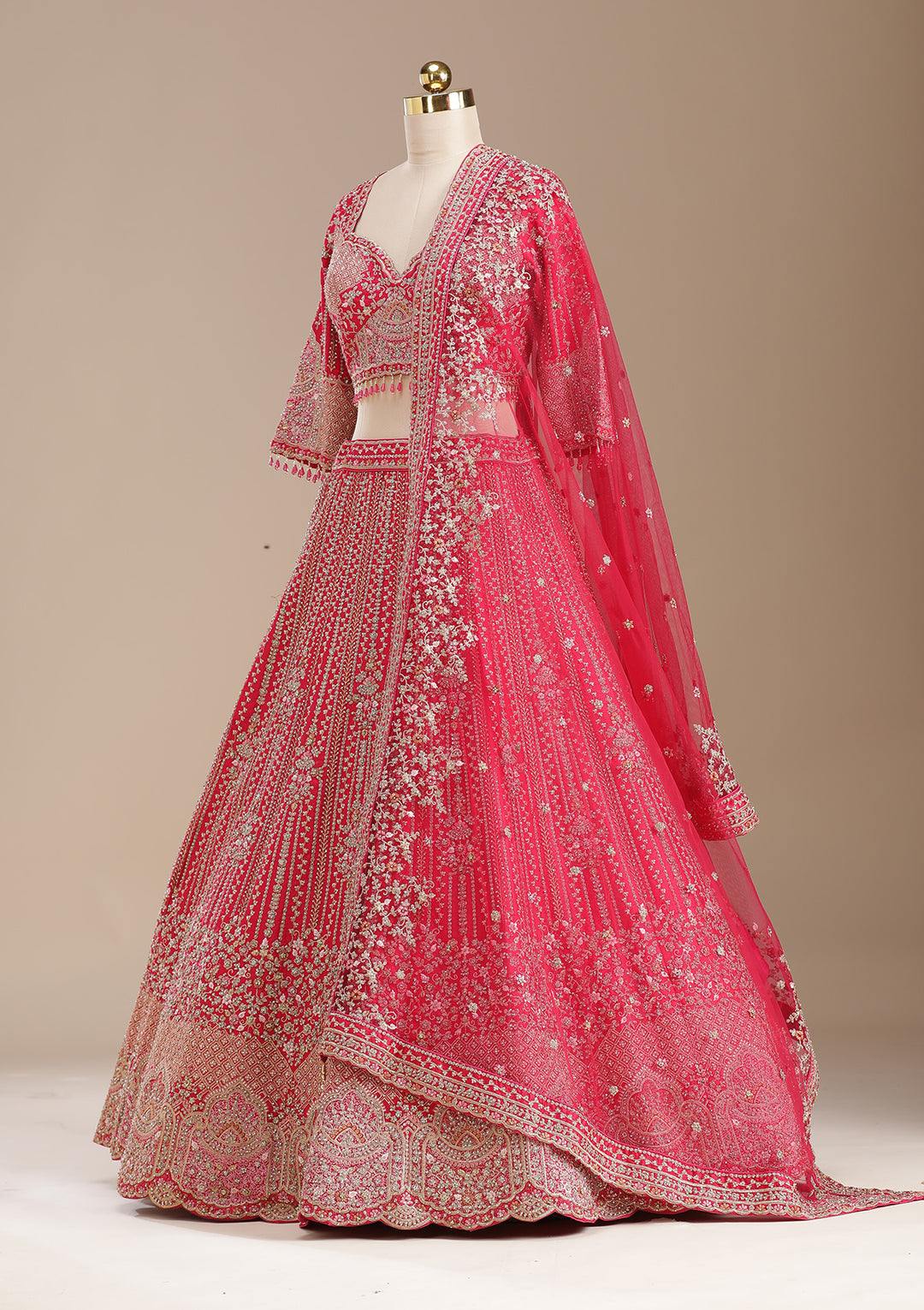 Rani Pink Cording Raw Silk Semi-Stitched Lehenga