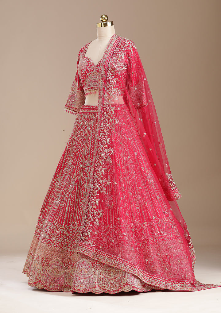 Rani Pink Cording Raw Silk Semi-Stitched Lehenga