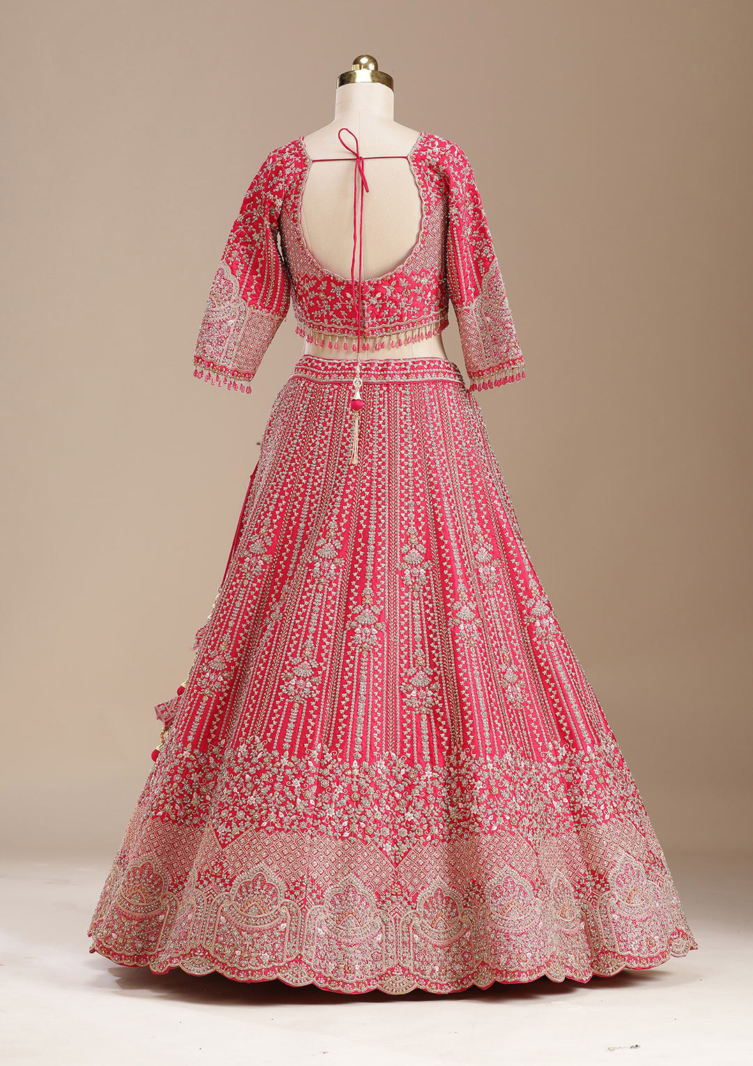 Rani Pink Cording Raw Silk Semi-Stitched Lehenga