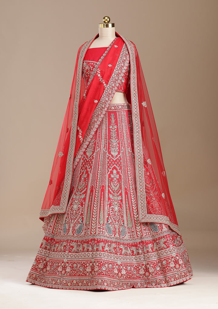 Red Cording Net Semi-Stitched Lehenga