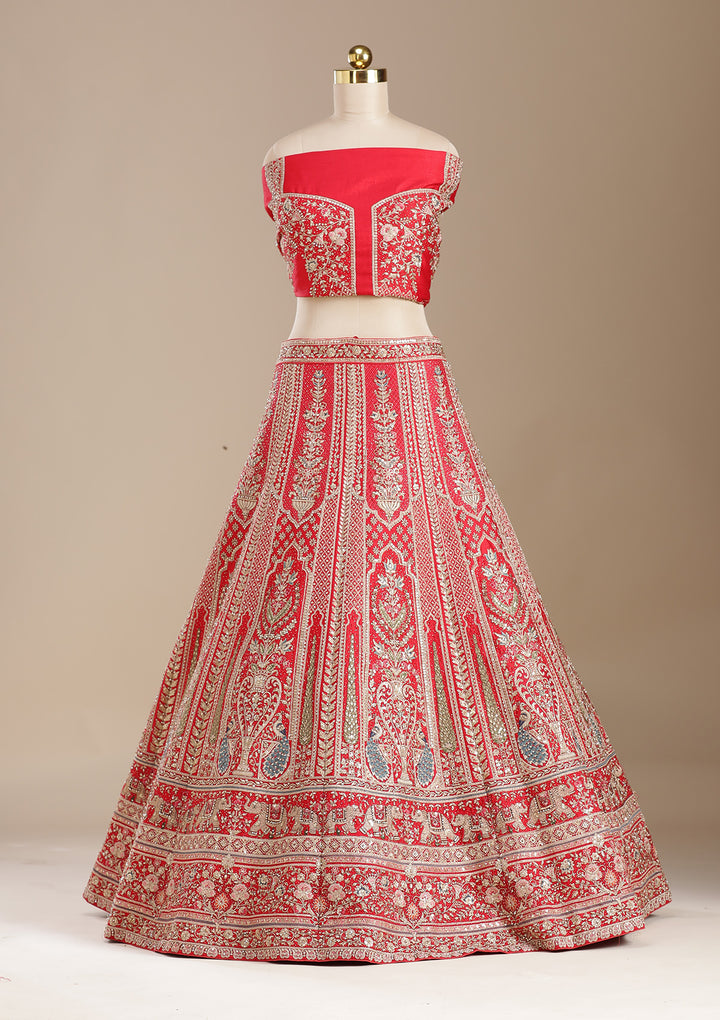 Red Cording Net Semi-Stitched Lehenga