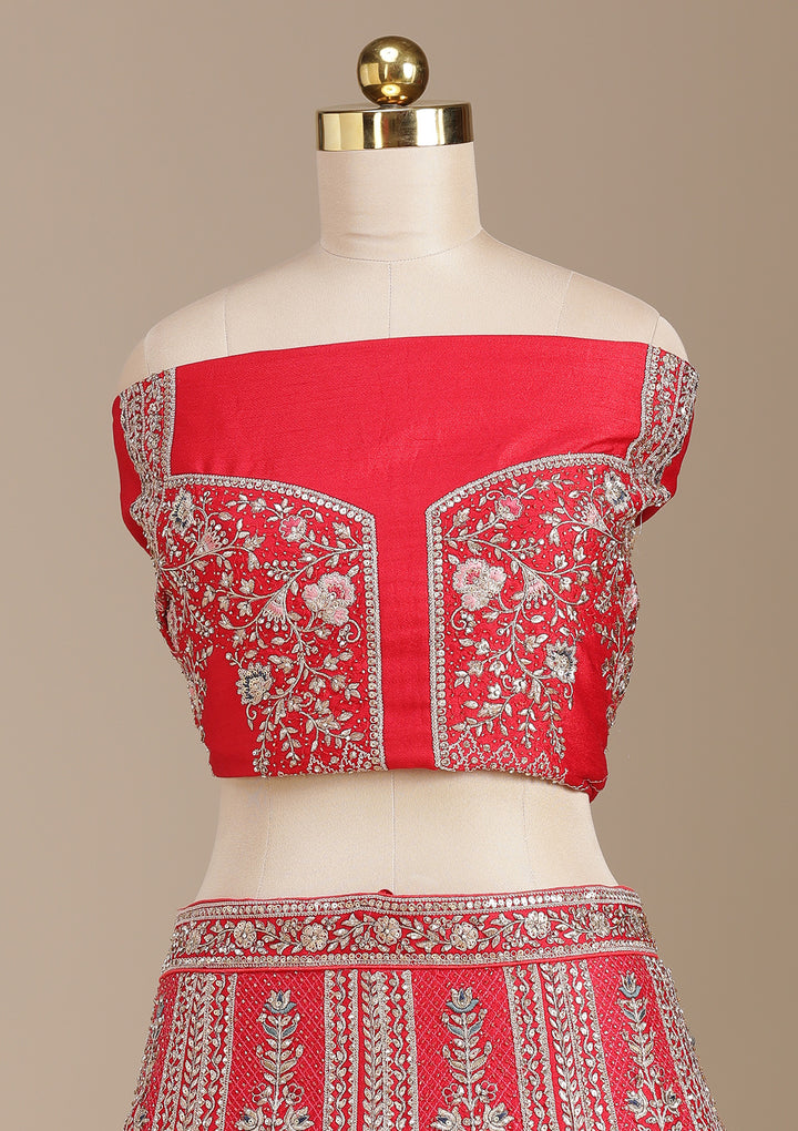 Red Cording Net Semi-Stitched Lehenga