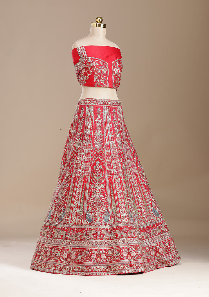 Red Cording Net Semi-Stitched Lehenga