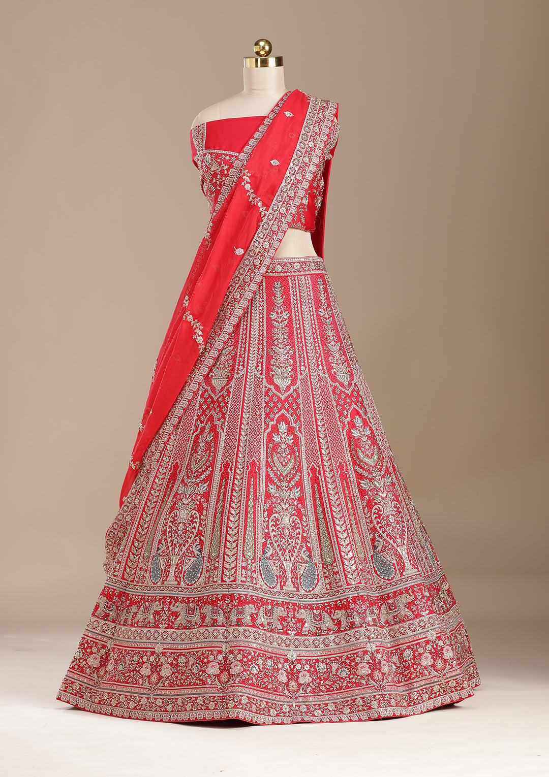 Red Cording Net Semi-Stitched Lehenga