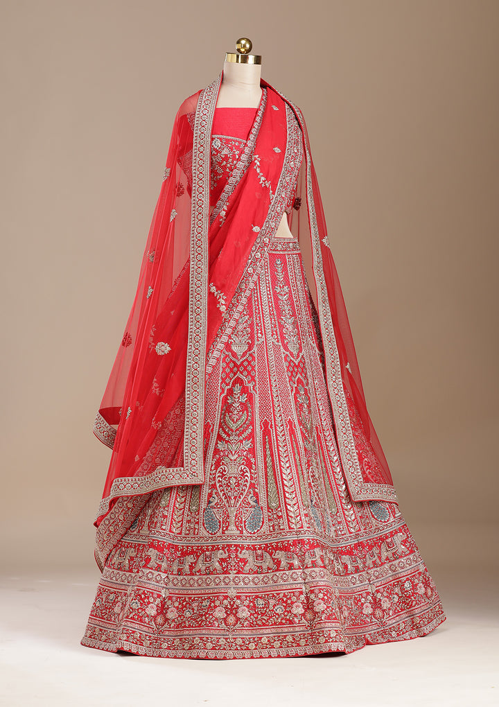 Red Cording Net Semi-Stitched Lehenga