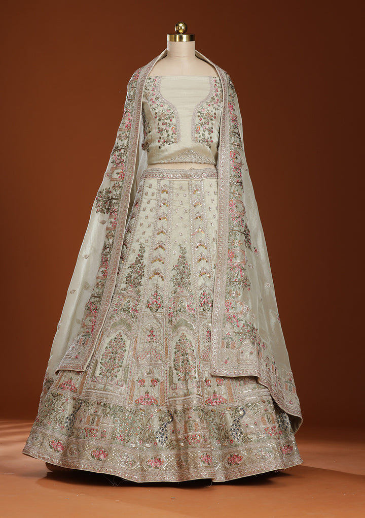 Wine Threadwork Organza Readymade Lehenga