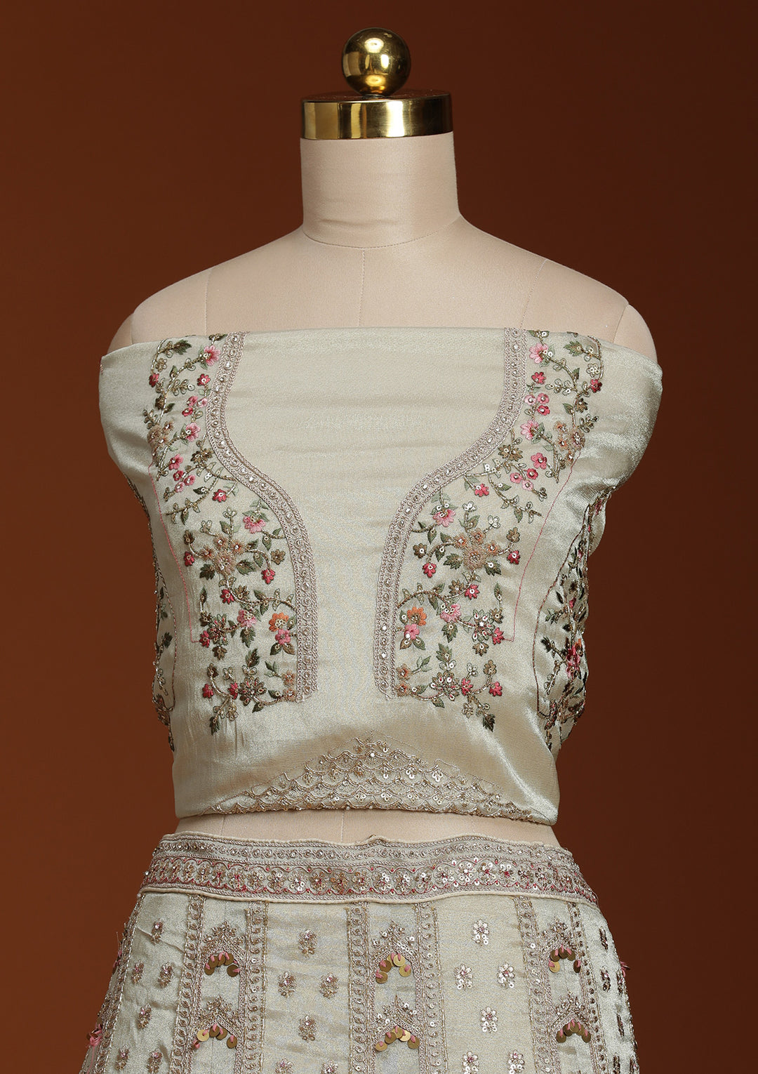 Wine Threadwork Organza Readymade Lehenga