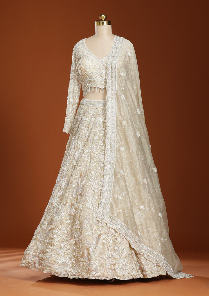 Beige Threadwork Organza Readymade Lehenga
