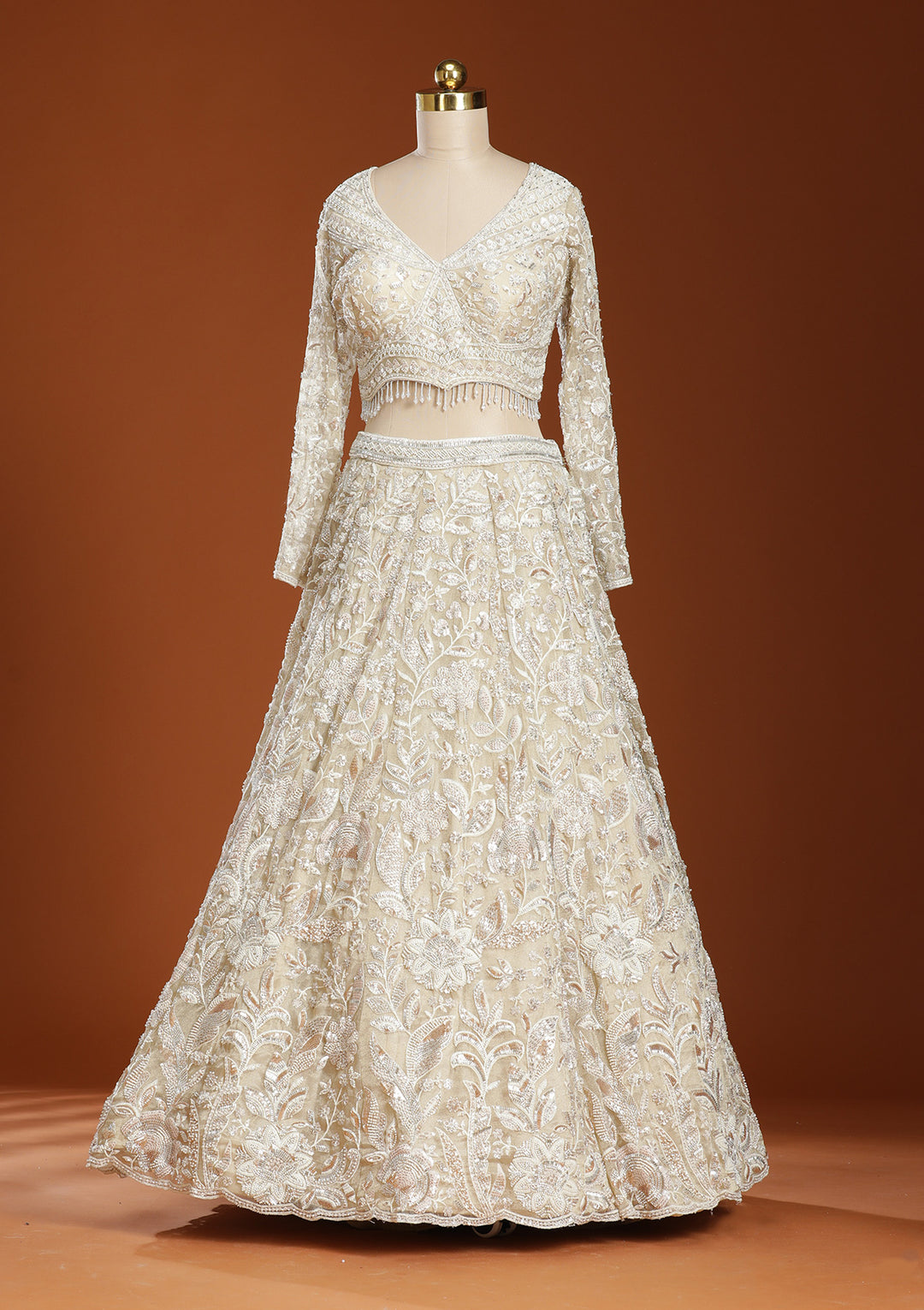 Beige Threadwork Organza Readymade Lehenga