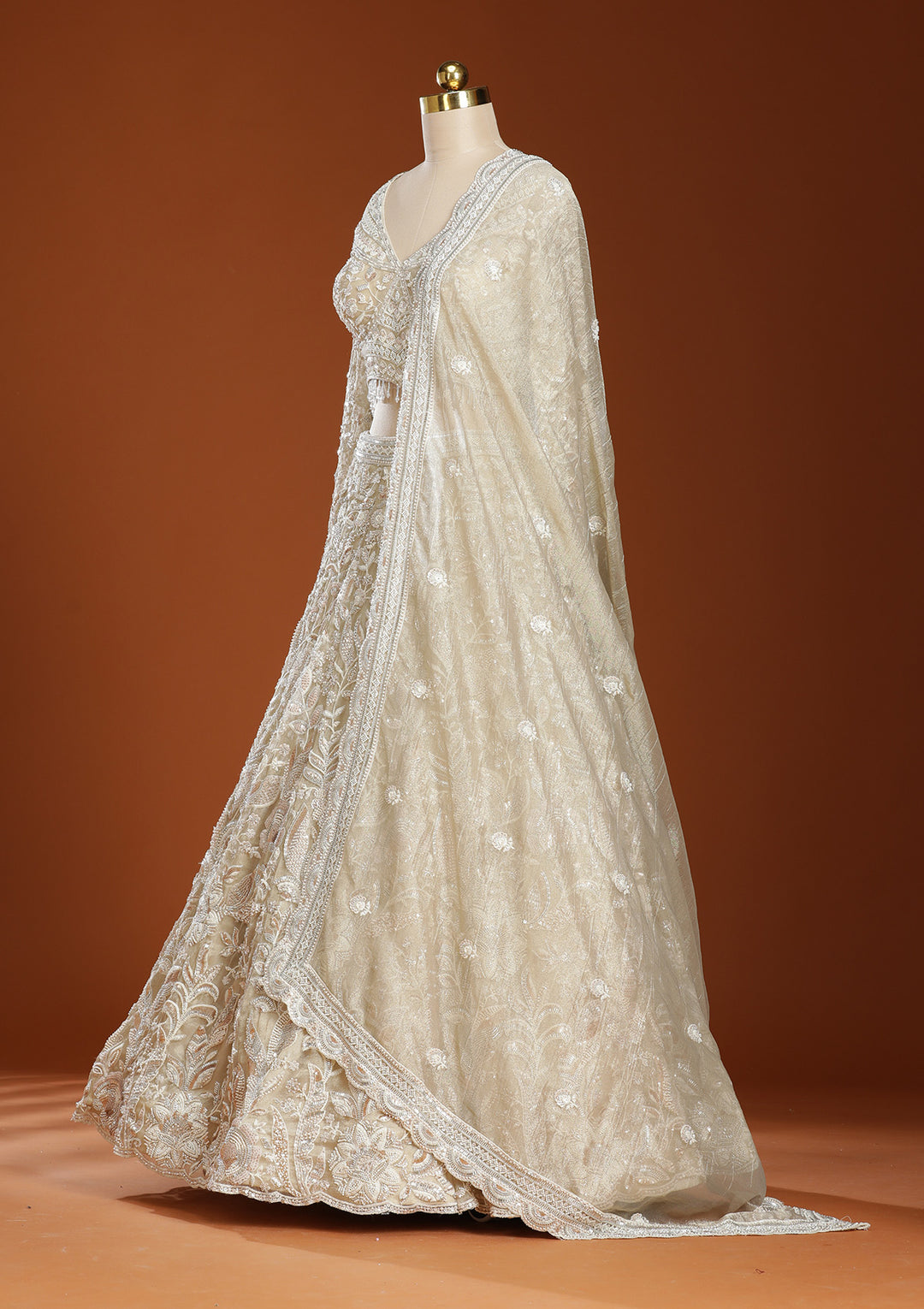 Beige Threadwork Organza Readymade Lehenga