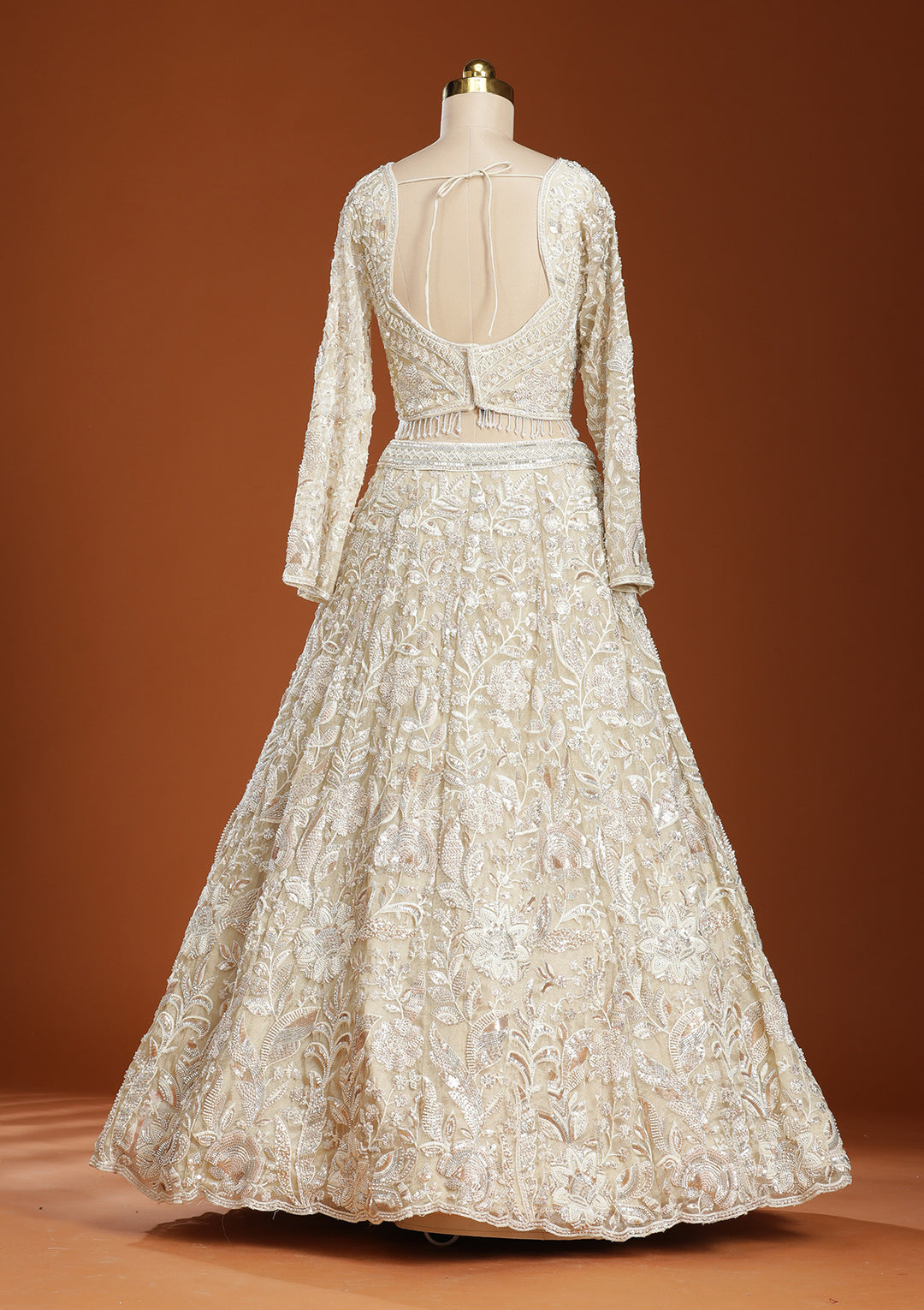 Beige Threadwork Organza Readymade Lehenga