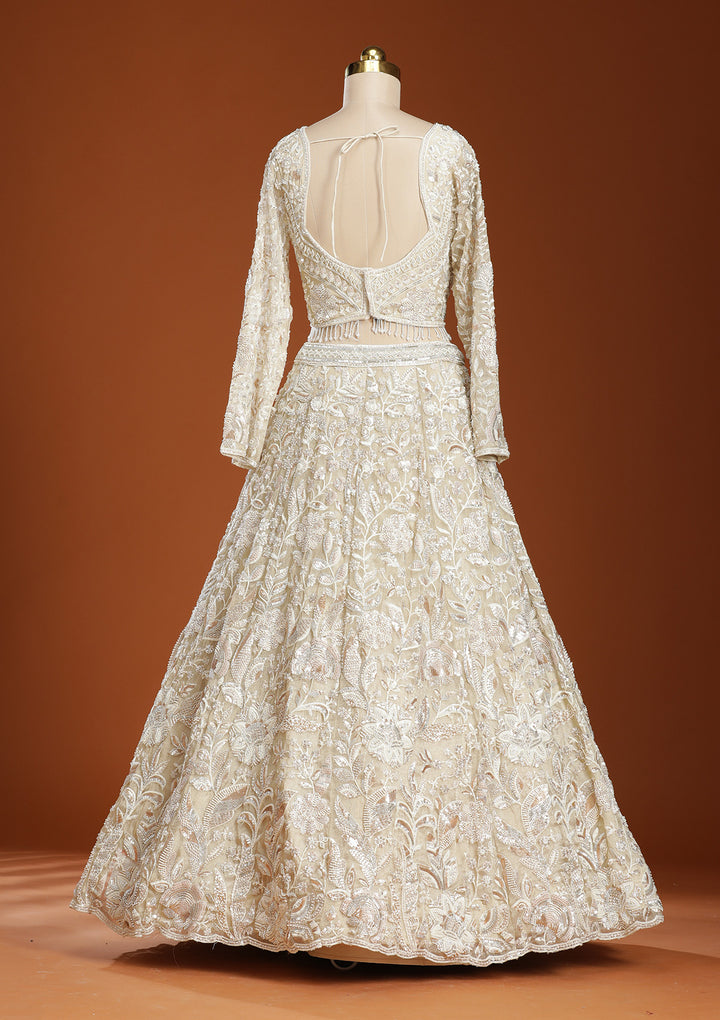 Beige Threadwork Organza Readymade Lehenga