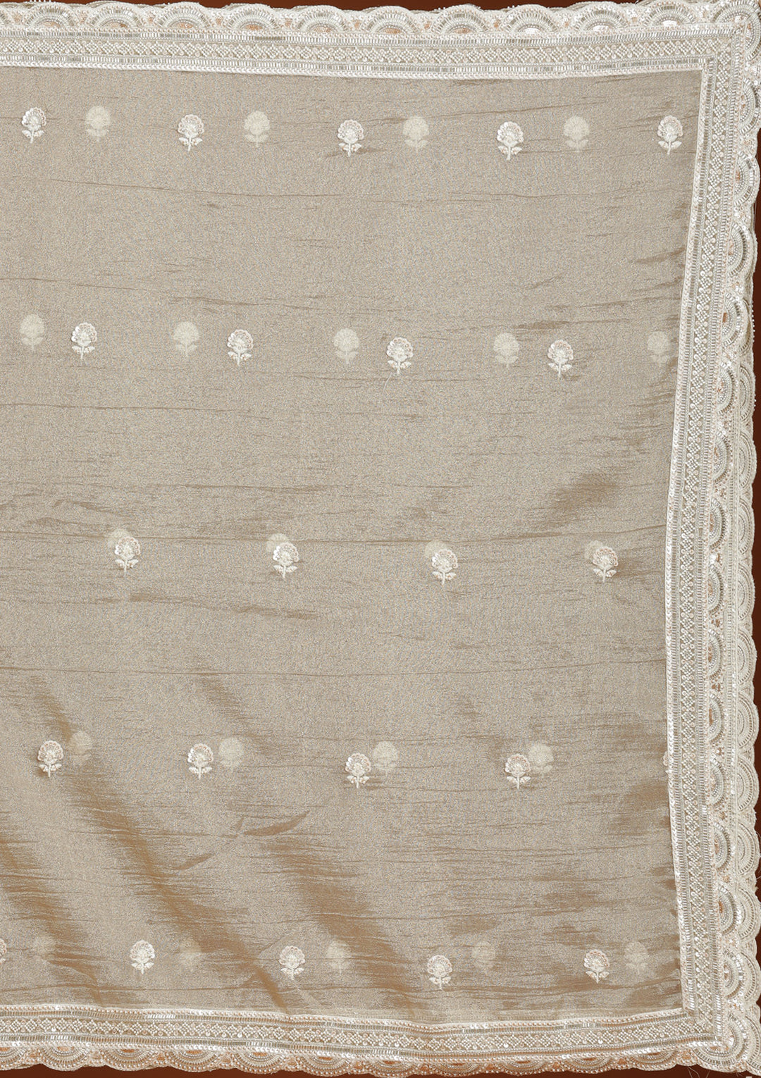 Beige Threadwork Organza Readymade Lehenga