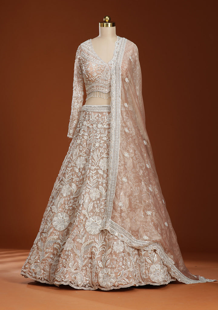 Pink Threadwork Organza Readymade Lehenga