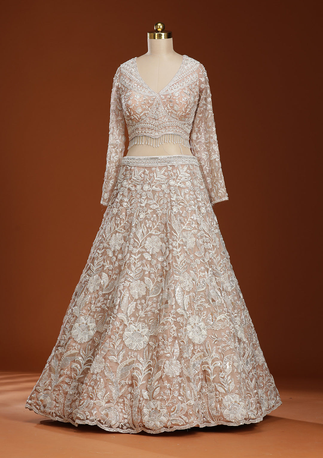 Pink Threadwork Organza Readymade Lehenga