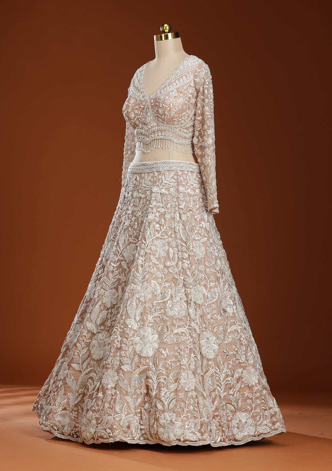 Pink Threadwork Organza Readymade Lehenga