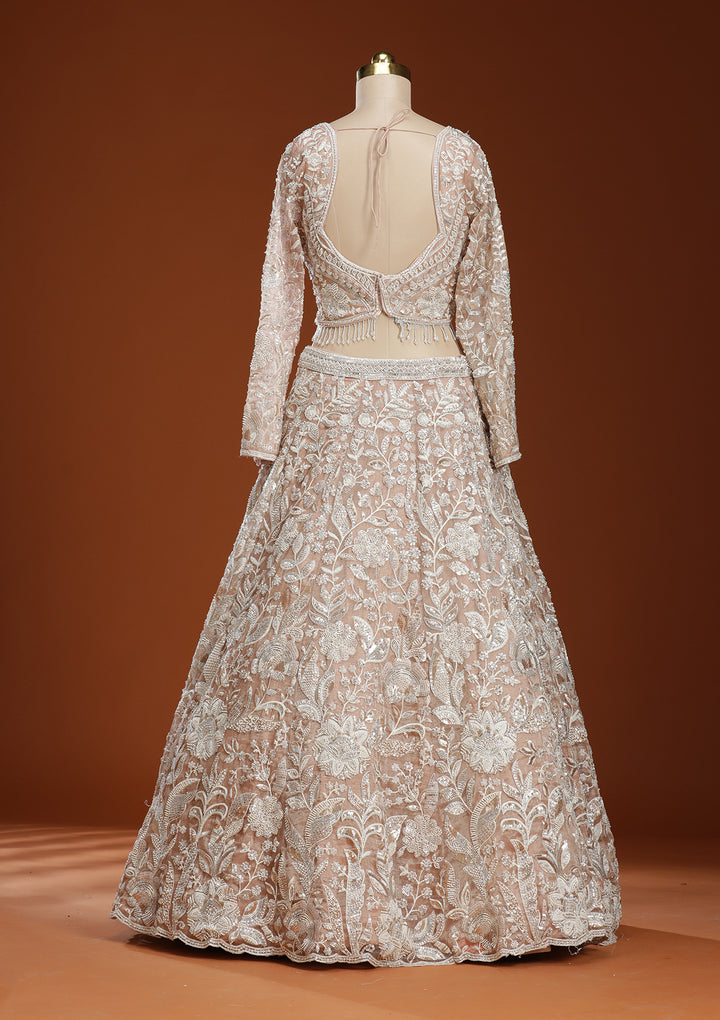 Pink Threadwork Organza Readymade Lehenga