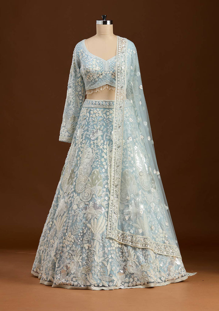 Sky Blue Cutdana Organza Readymade Lehenga
