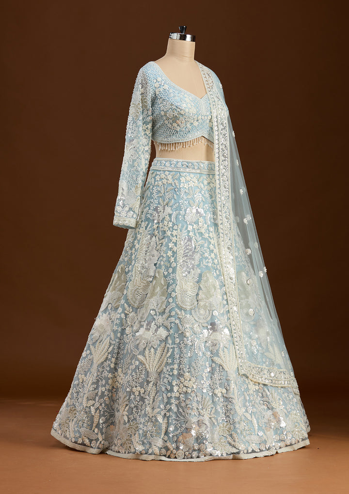 Sky Blue Cutdana Organza Readymade Lehenga