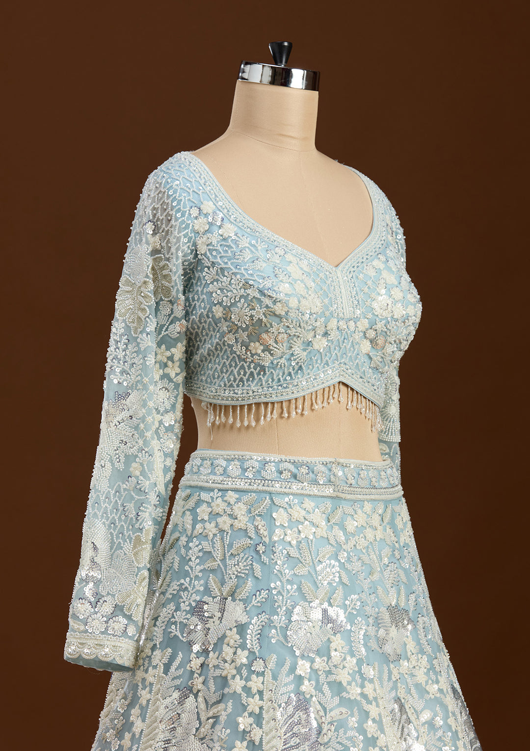 Sky Blue Cutdana Organza Readymade Lehenga