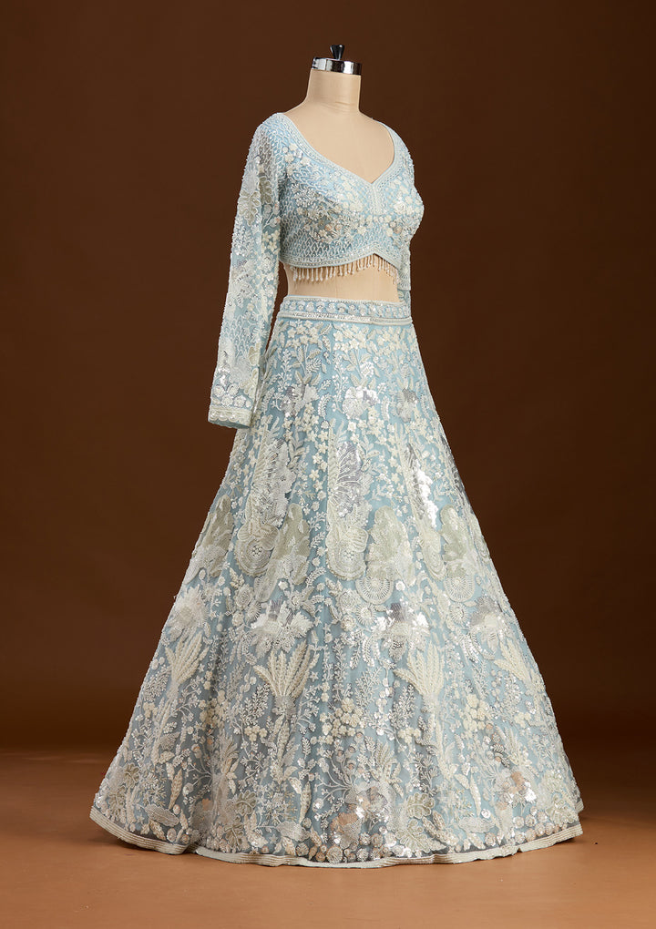 Sky Blue Cutdana Organza Readymade Lehenga